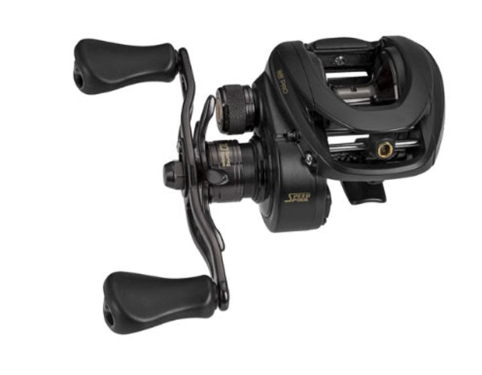 Black fishing reel on a white background