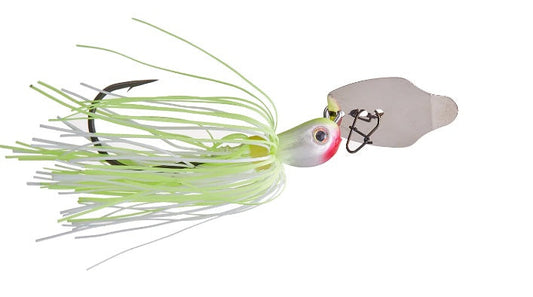 Fishing lure with a white and green skirt on a white background
