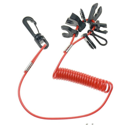 Red coiled safety cord with black clip on a white background