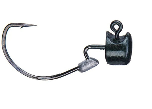 Fishing hook with a black clip on a white background